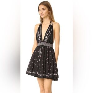 LoveShackFancy Black Halter Mini Dress with Pink Embroidery